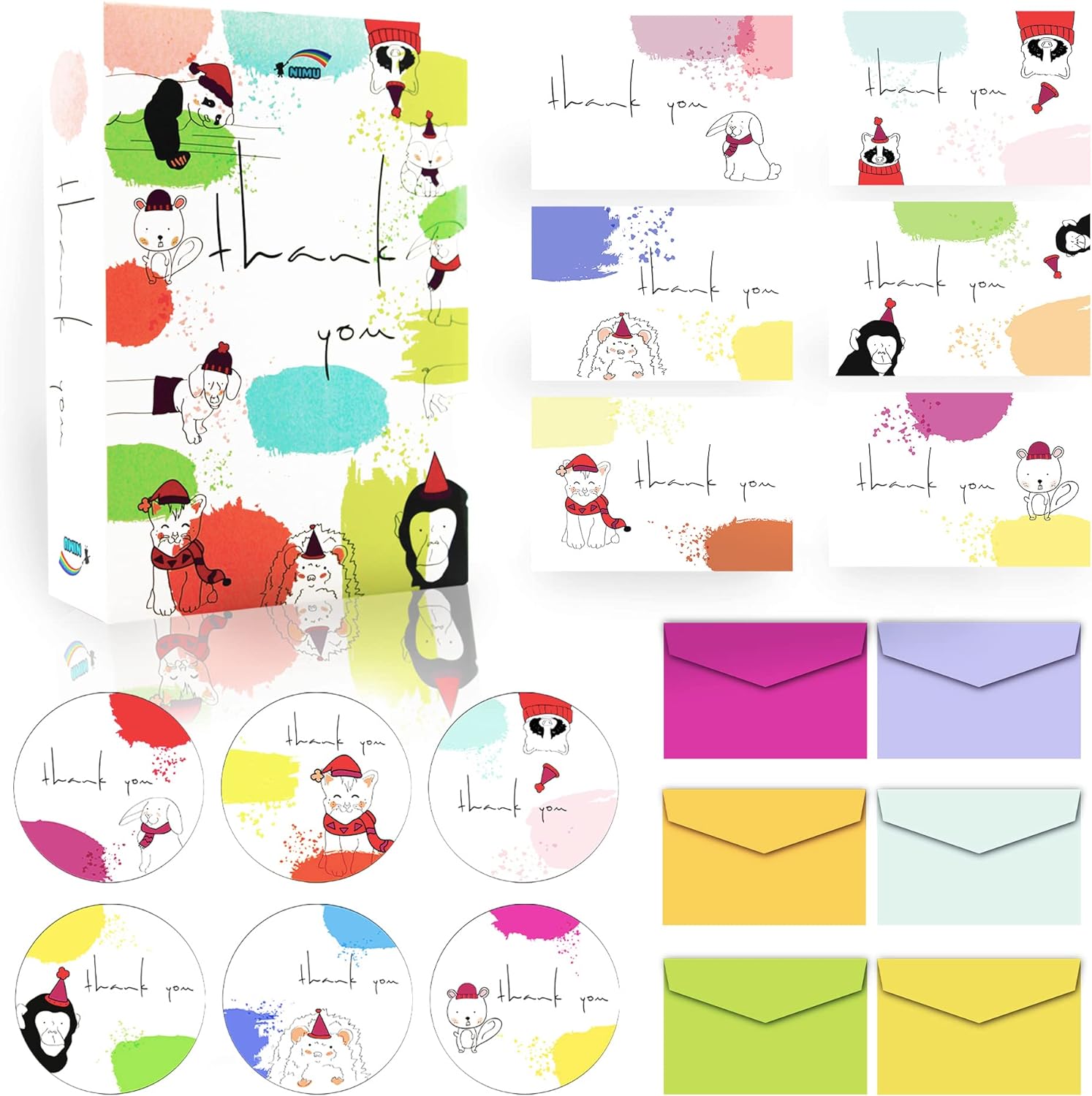 NIMU 24 Thank You Cards in 6 Unique Animal Designs with 24 Envelopes & 24 Stickers RRP 5.99 CLEARANCE XL 2.99