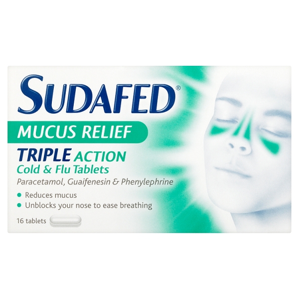 Sudafed Mucus Relief Triple Action Cold & Flu Tablets RRP £4.99 CLEARANCE XL £3.99