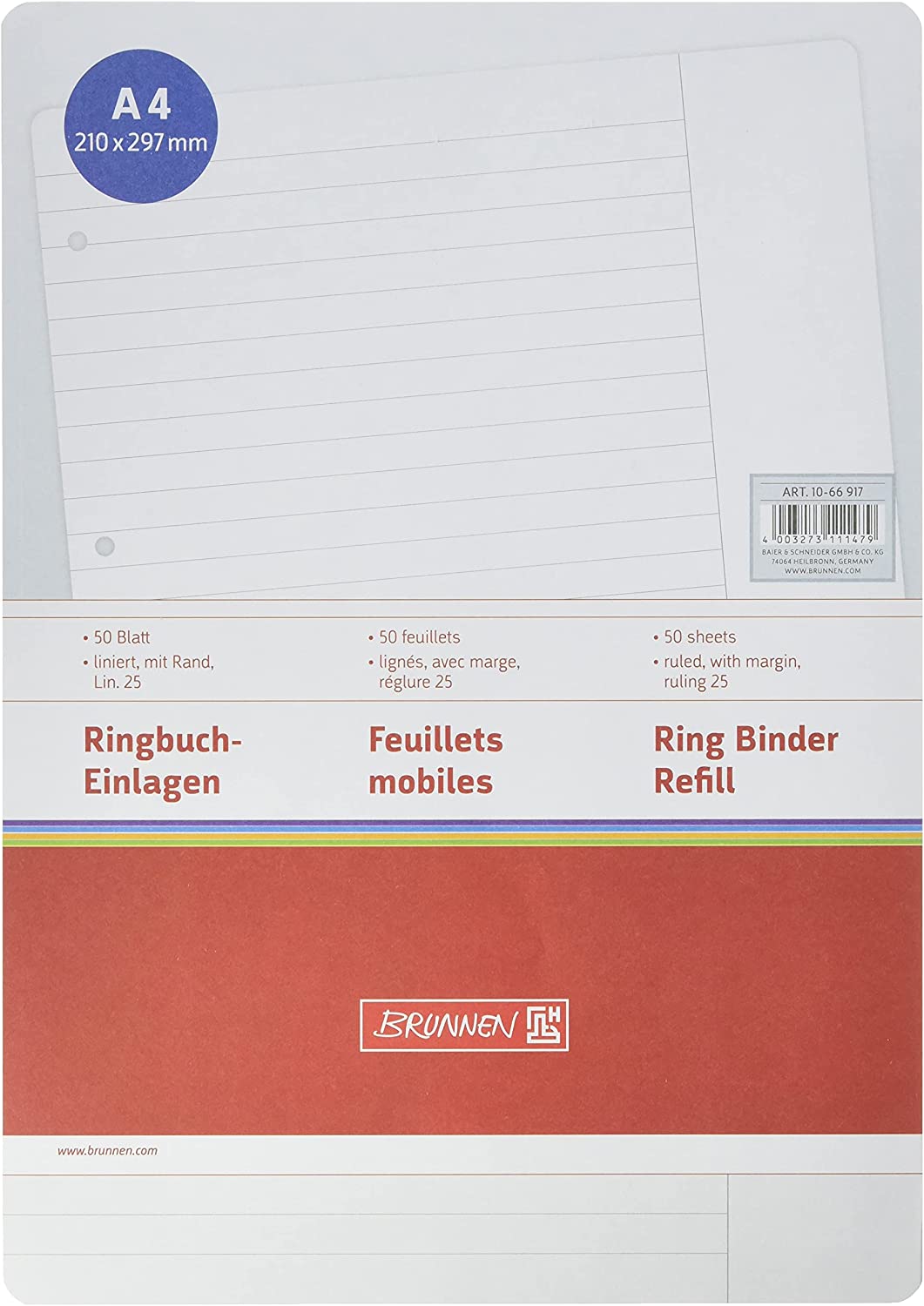 BRUNNEN A4 Ring Binder Loose Refill Pad 25 Lines per Page with Margin 50 Sheets RRP £5.19 CLEARANCE XL £1.99