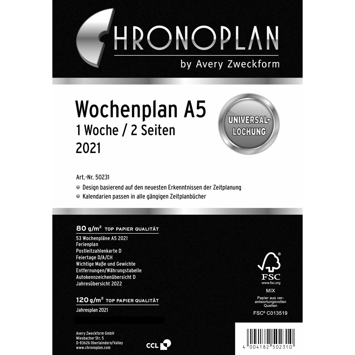 Avery Zweckform Chronoplan Week Planner A5 2020 (In German) RRP £5.99 CLEARANCE XL 19p
