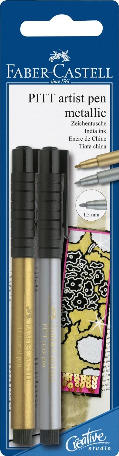 Faber-Castell PITT Artist Pen Set of 2, Vibrant Metallic Gold & Silver 1.5mm RRP £6.50 CLEARANCE XL £4.99