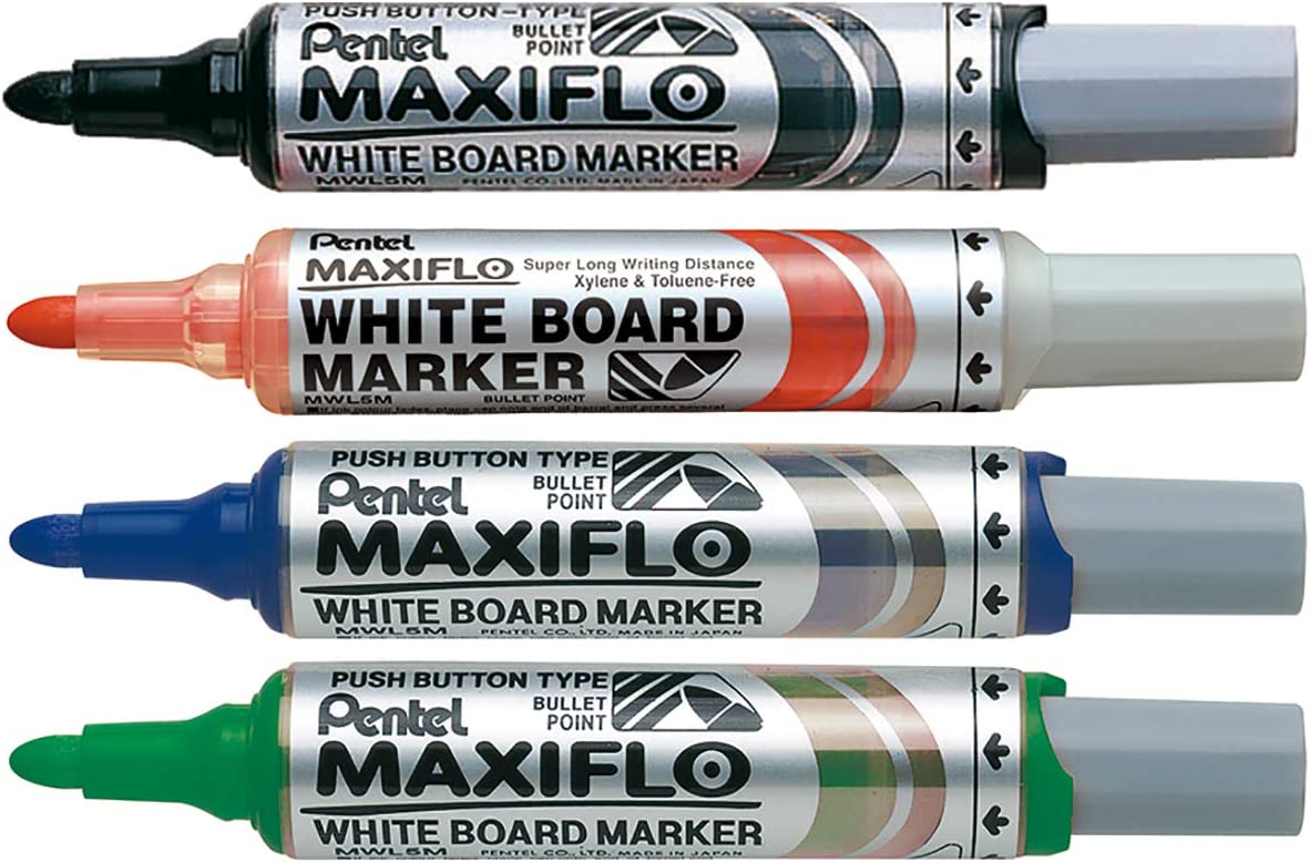 Pentel Maxiflo 6.0mm Bullet Tip Wallet 4 White Board Marker Liquid Ink Markers RRP £9.95 CLEARANCE XL £6.99