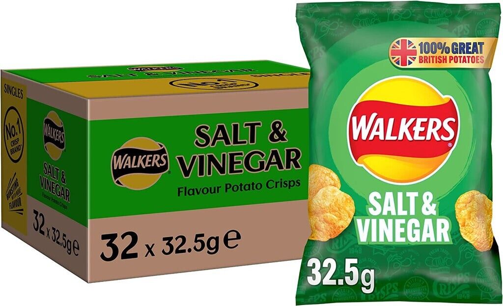 CASE PRICE 32x Walkers Salt & Vinegar Flavour Crisps 32.5g RRP £23.88 CLEARANCE XL £9.99