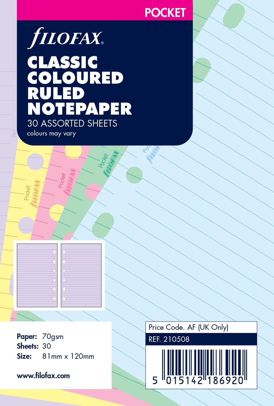 Filofax Pocket Classic Coloured Ruled Notepaper 30 Sheets 81 x 120mm RRP £3.73 CLEARANCE XL £1.99