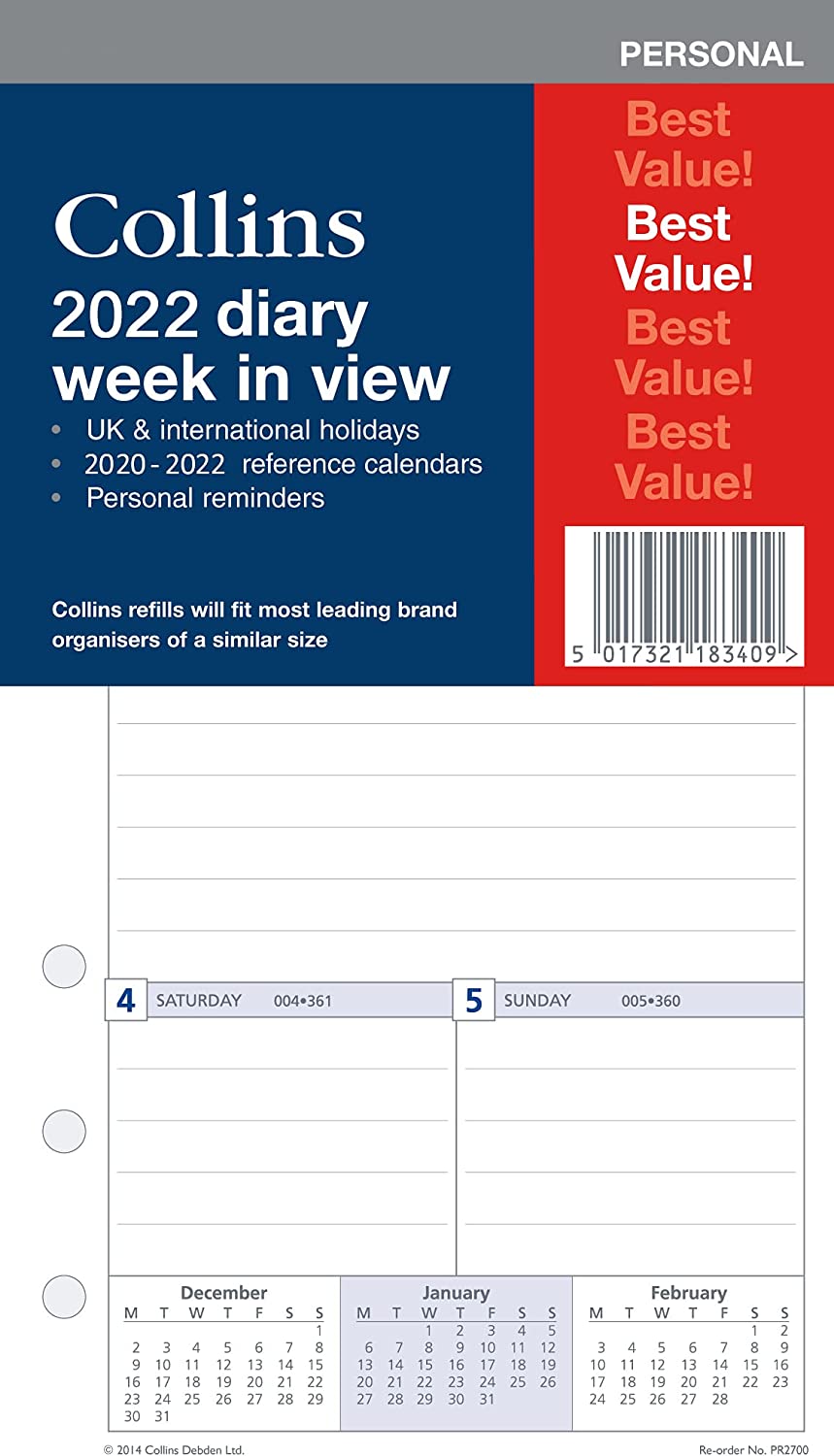 Collins 2022 Diary Week to View Refill for Personal Size (172mm x 96mm) 6 Ring Organiser RRP £7.75 CLEARANCE XL 10p