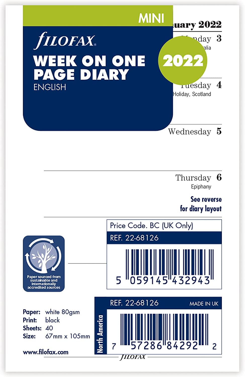 Filofax Mini Week on One Page Diary 2022 RRP 4.50 CLEARANCE XL 10p
