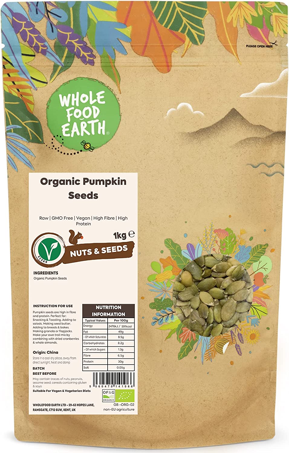 Wholefood Earth Organic Pumpkin Seeds 1kg (Oct 22) RRP 12.36 CLEARANCE XL 6.99