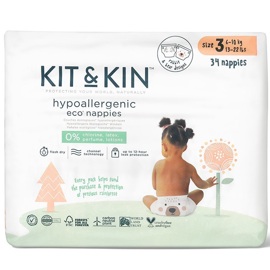 Kit & Kin Hypoallergenic Eco Nappies Size 3 6-10kg 34 Nappies RRP 8 CLEARANCE XL 7.50