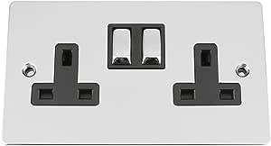 Wall Double Plug Socket 2 Gang 13A Polished Chrome Flat Black Insert RRP £9.59 CLEARANCE XL £7.99