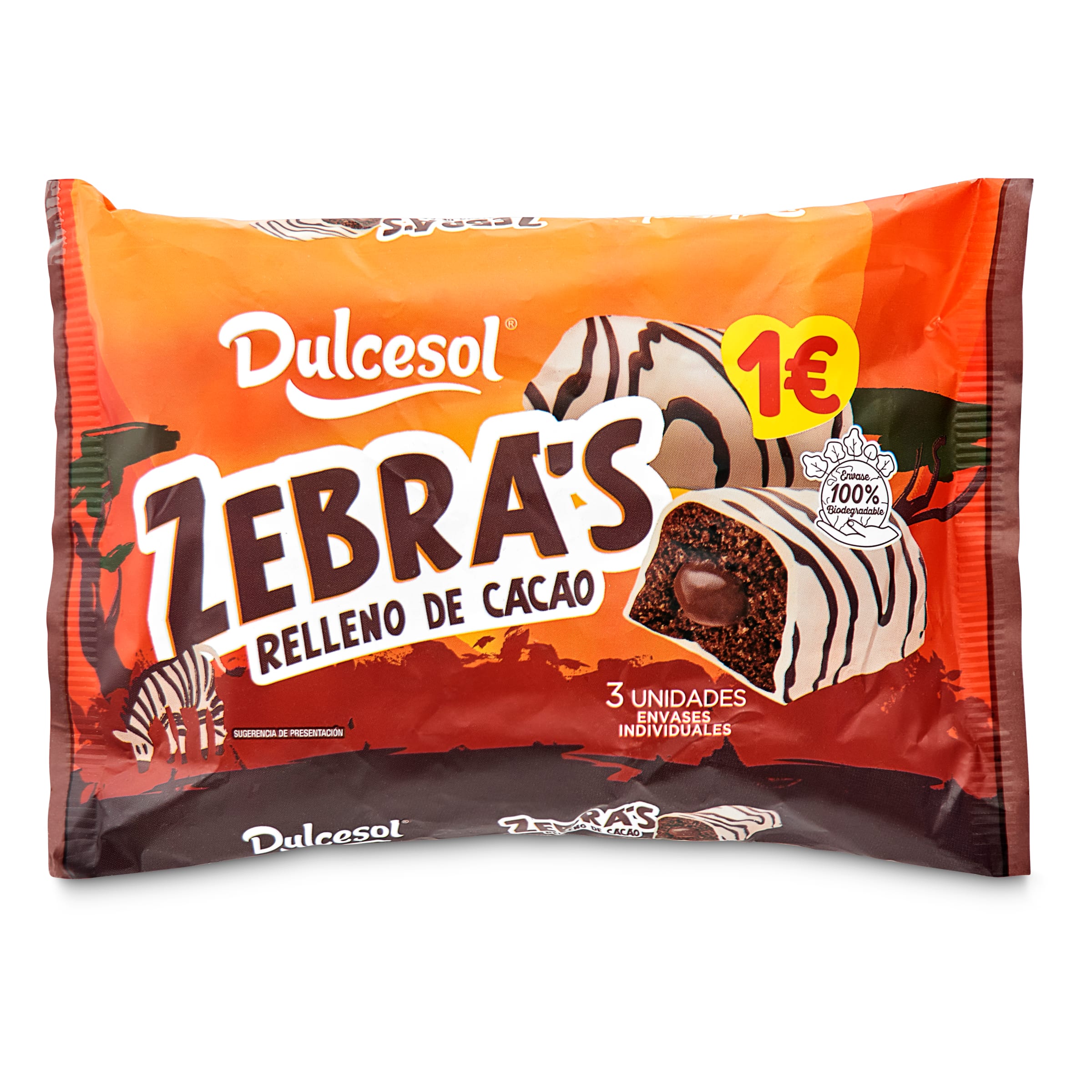 Dulcesol Zebra's Chocolate Filled Cakes 3 Pack 120g (Sep 23) RRP £1 CLEARANCE XL 89p or 2 for £1.50