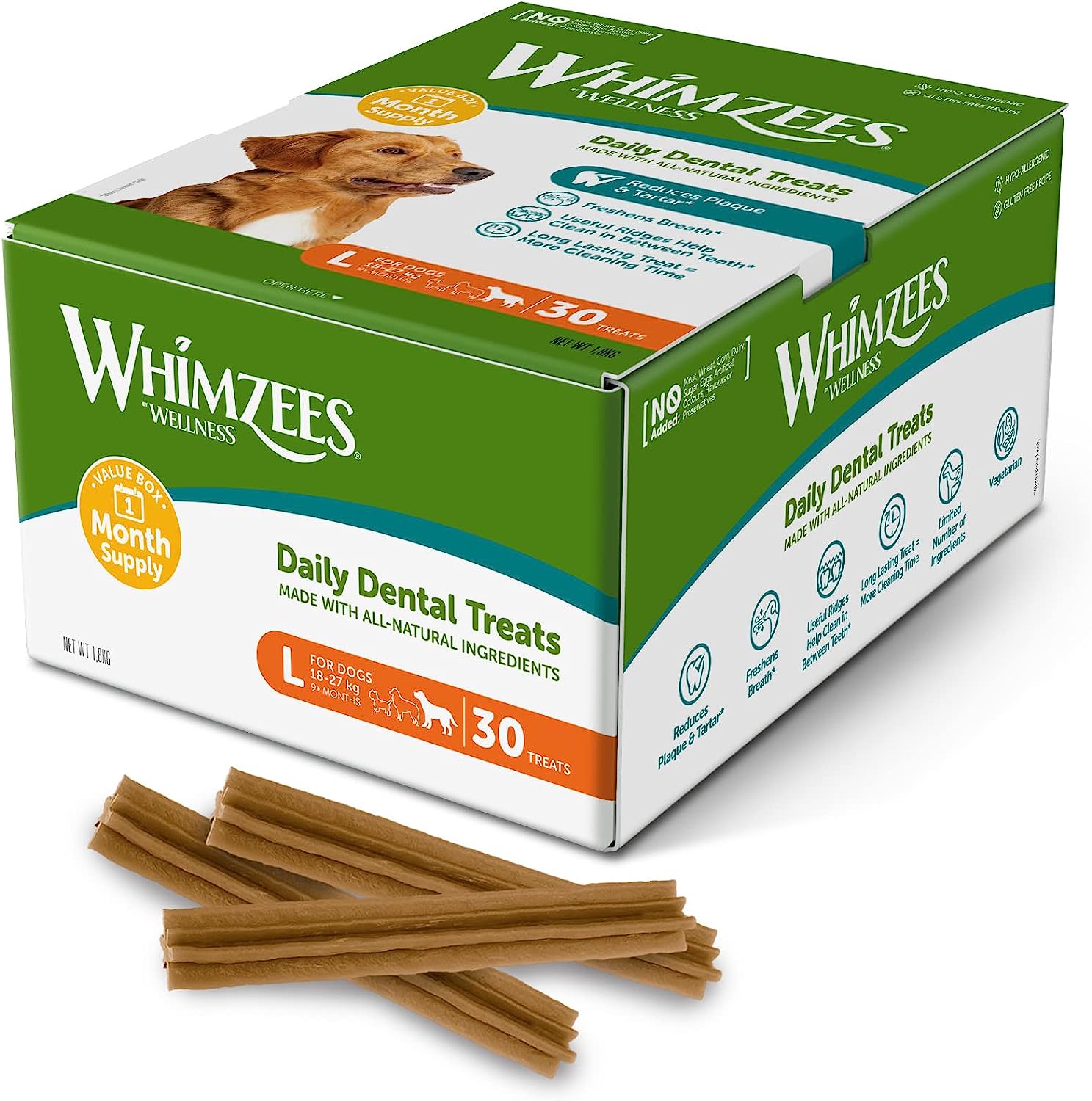 Whimzees Natural & Grain-Free Dog Dental Sticks for Large Breeds 30 Pieces RRP £28.77 CLEARANCE XL £19.99