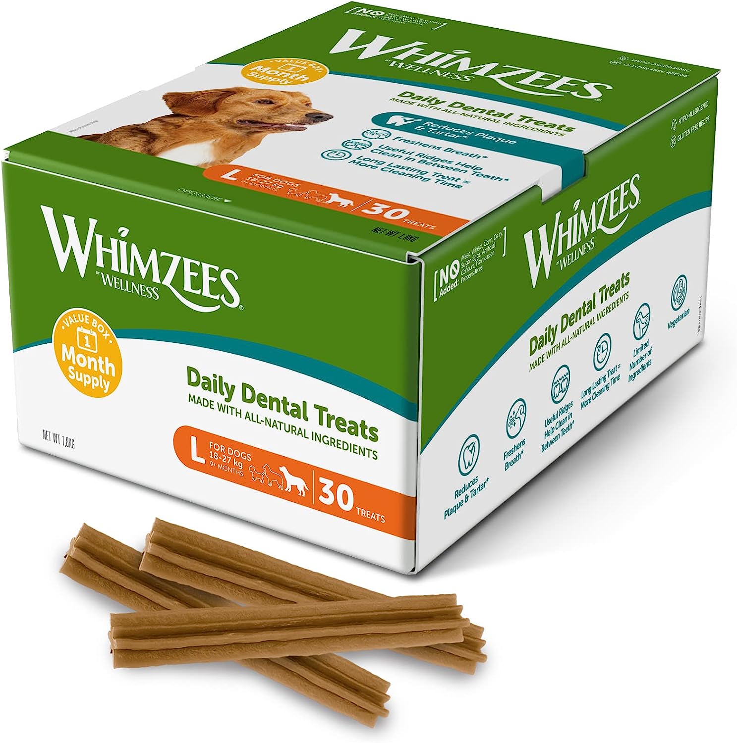 Whimzees Natural & Grain-Free Dog Dental Sticks for Large Breeds 30 Pieces RRP 28.77 CLEARANCE XL 19.99
