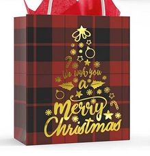 Deidentified Black & Red Checkered Christmas Gift Bag ''We Wish You A Merry Christmas'' RRP £1 CLEARANCE XL 79p