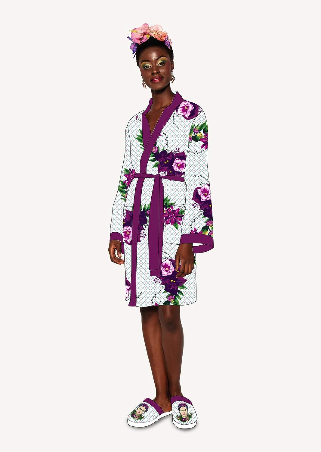 Groovy Frida Kahlo Violet Bouquet Satin Style Ladies Robe One Size RRP £10.39 CLEARANCE XL £7.99
