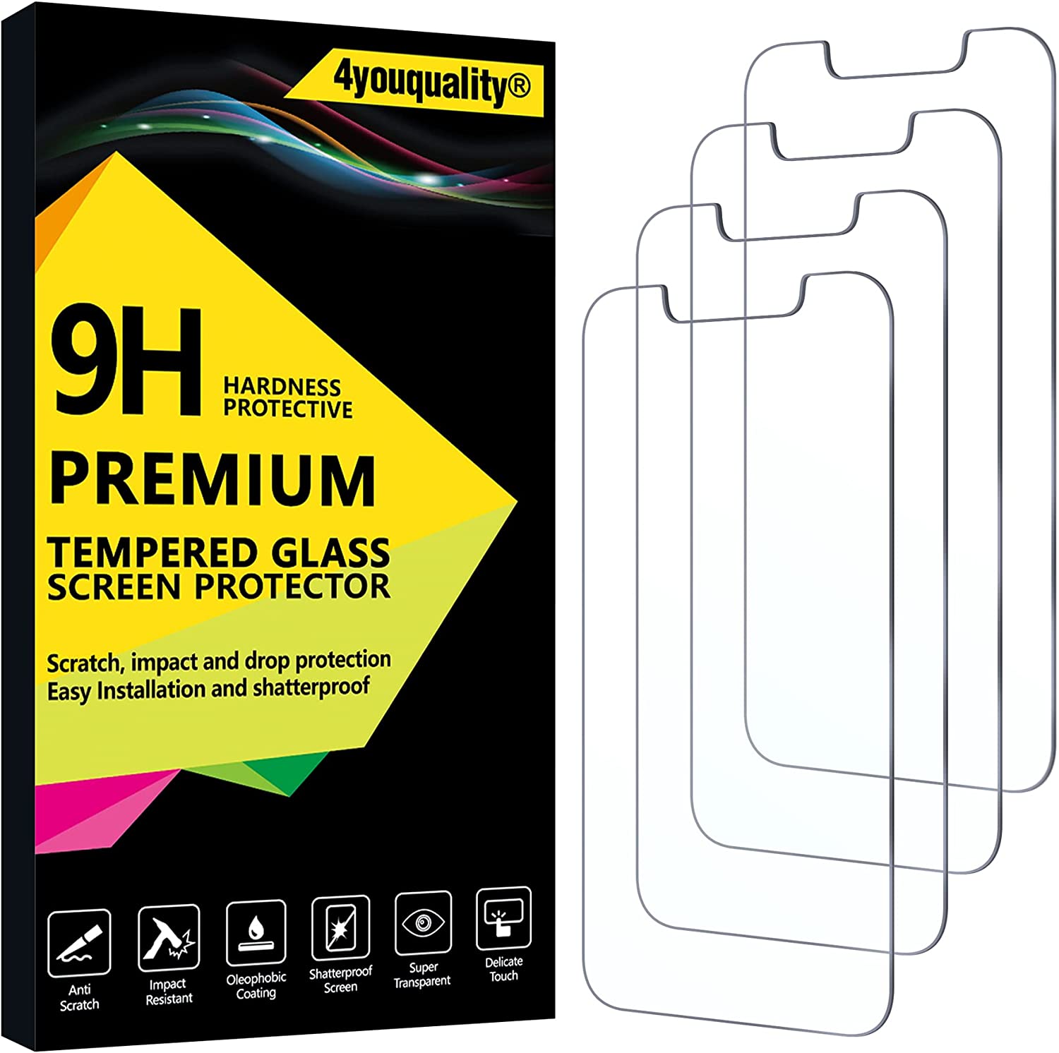 4YouQuality 9H Premium Tempered Glass Screen Protector 4 Pack for Iphone 13 & Pro RRP £4.99 CLEARANCE XL £3.49