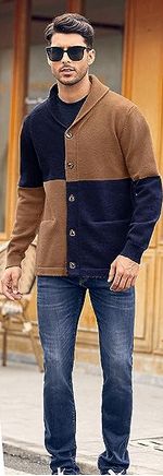 Fueri Mens Knitted Contrast Cardigan Knit Jacket Blue & Brown XXL RRP £35.99 CLEARANCE XL £29.99