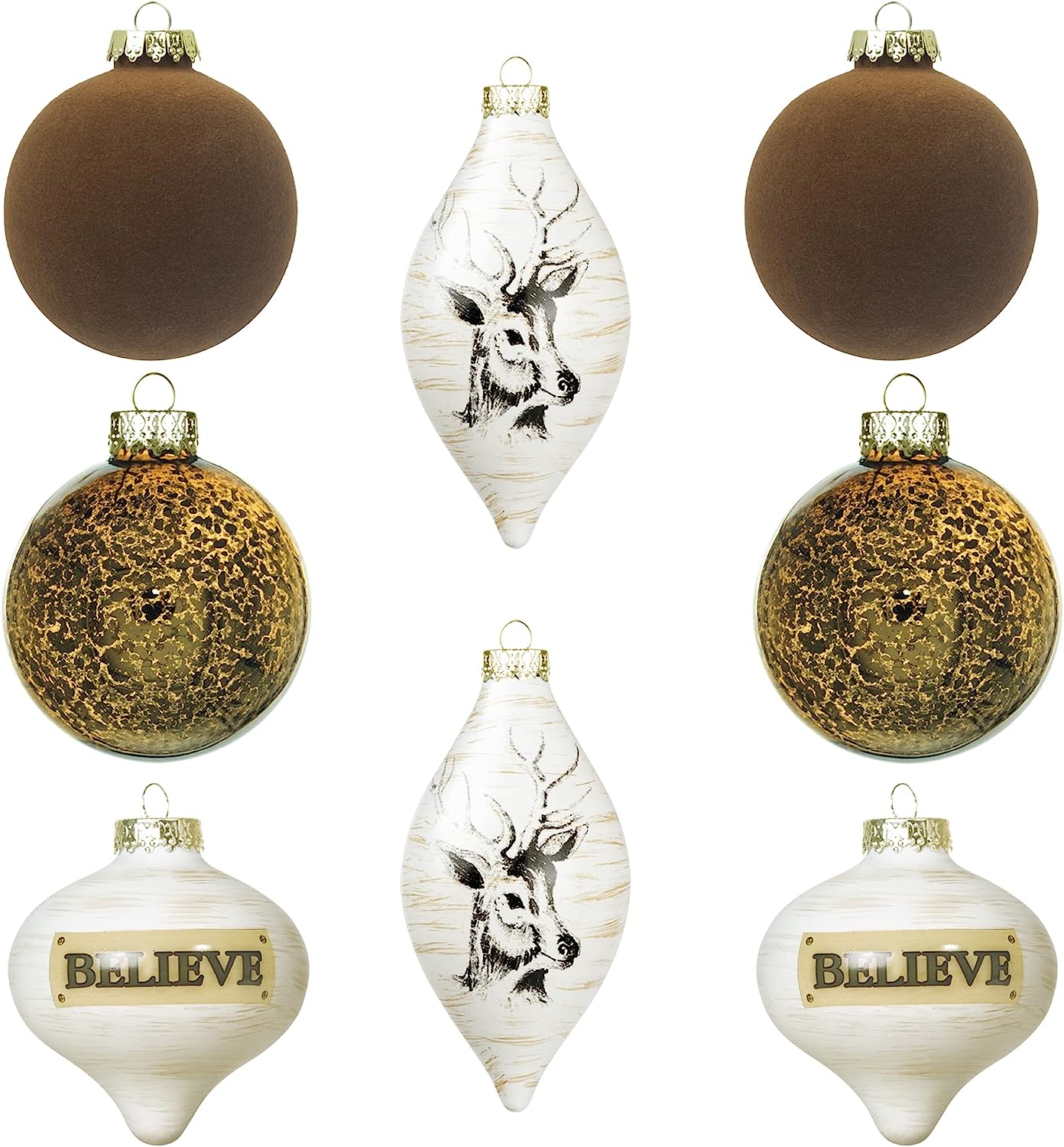 Premium KI Store White & Brown Set of 8 Velvet and Mercury Glass Christmas Tree Ornaments RRP £88.58 CLEARANCE XL £29.99