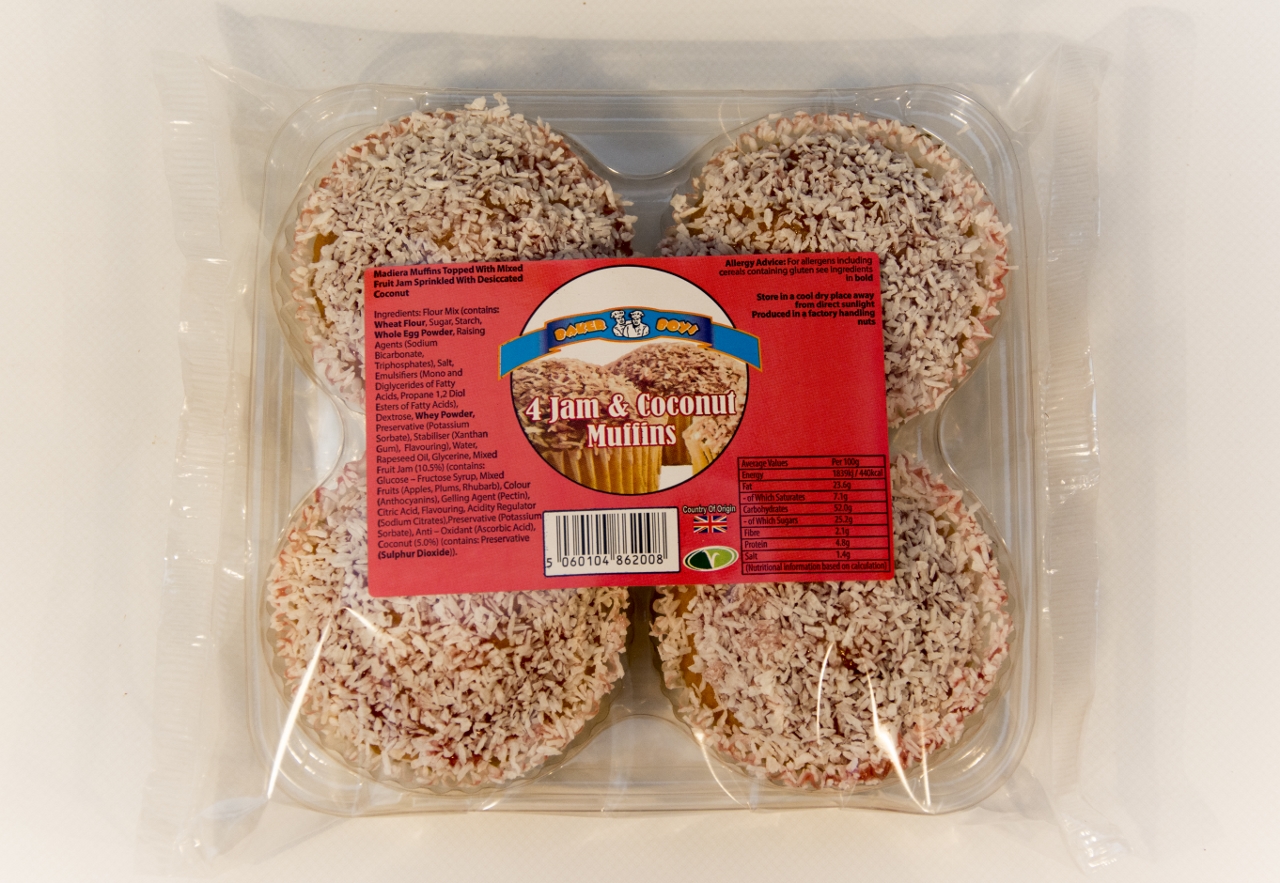 Baker Boys 4 Jam & Coconut Muffins (Aug - Sep 23) RRP £2.25 CLEARANCE XL 89p or 2 for £1.50