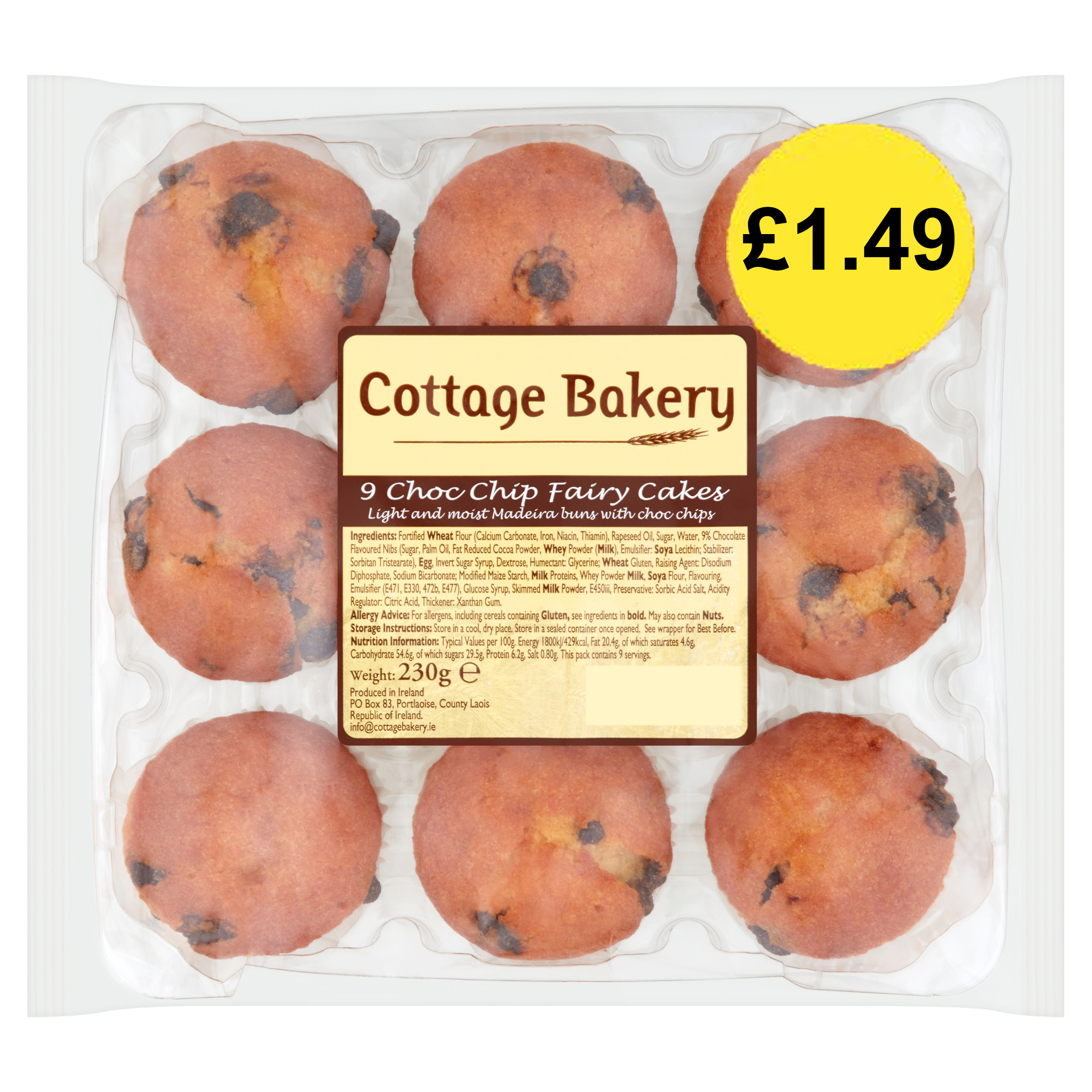 Cottage Bakery 9 Choc Chip Fairy Cakes 230g  (Jan - Aug 23) RRP £1.49 CLEARANCE XL 89p or 2 for £1.50